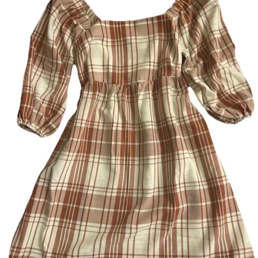 🆕Monteau Casual Baby Doll Plaid Dress W 1/2. Puff Sleeves Cream/Rust Brown Small - Picture 2 of 5